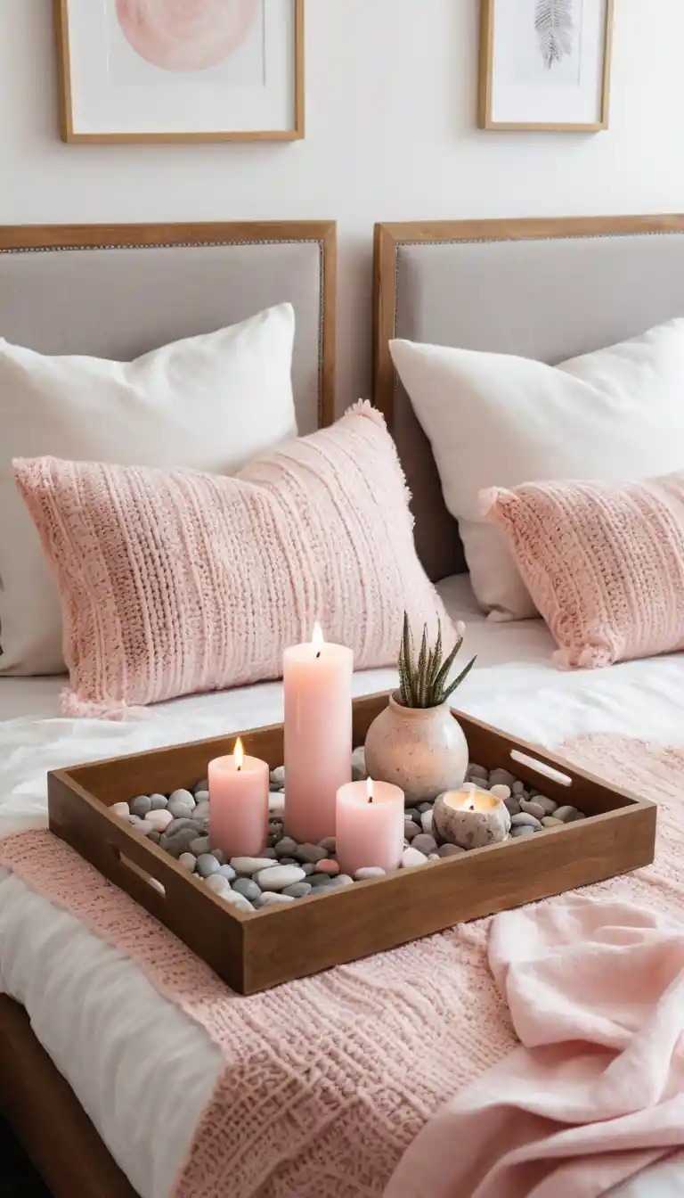 Wooden tray with pink candles and decorative stones on a bed with pink pillows.