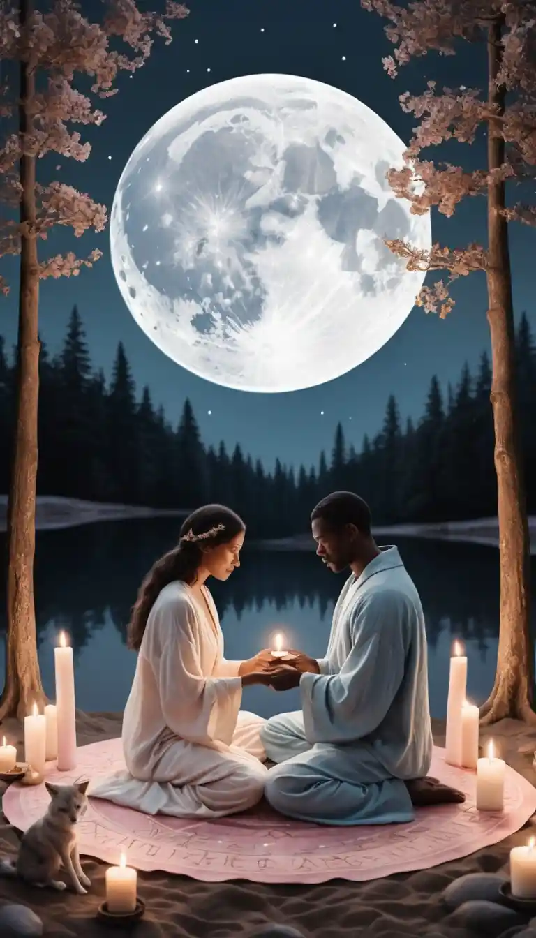 A couple sitting cross-legged by a lake at night, holding a bowl of light with candles around them.