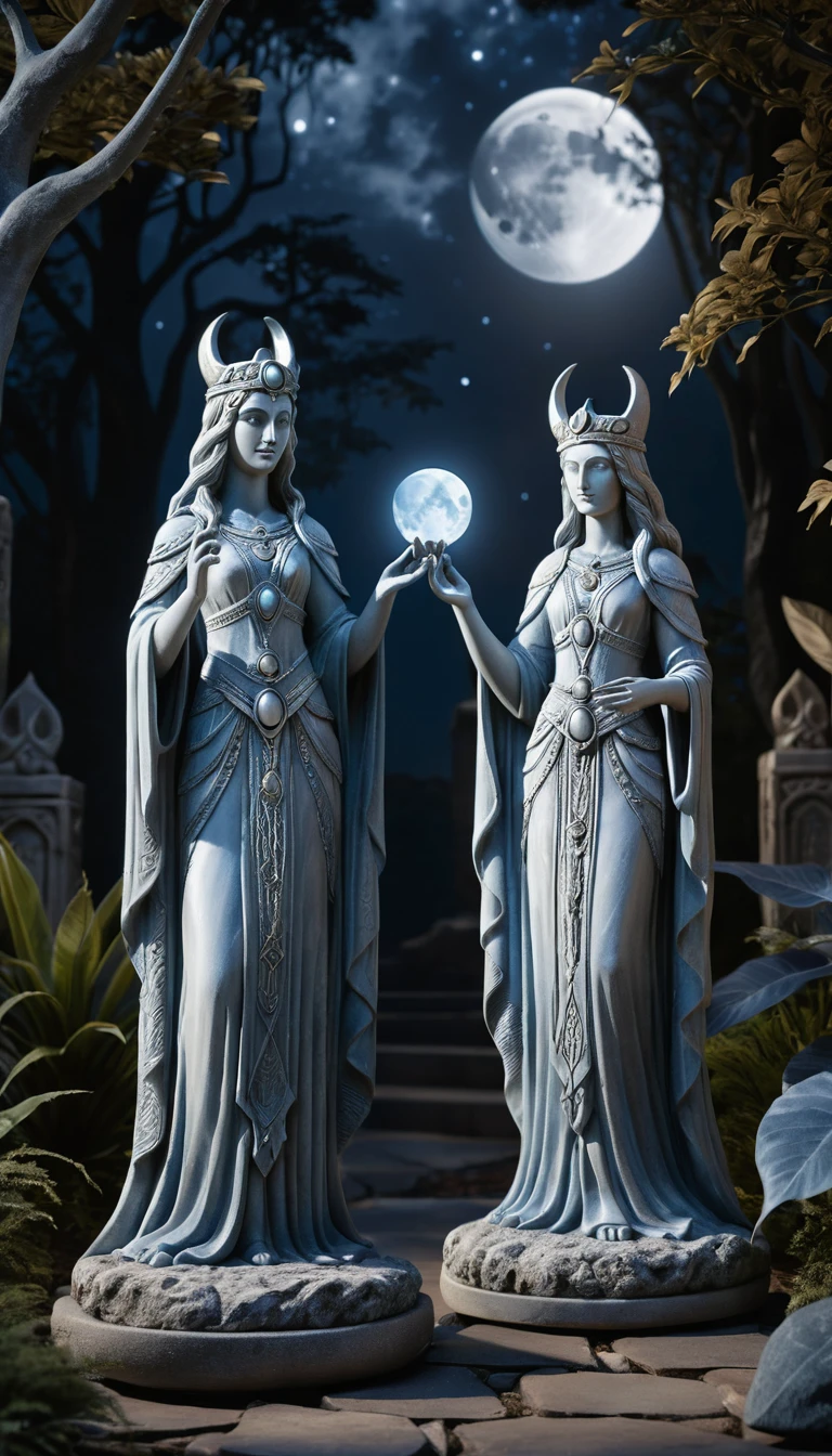 Two intricately designed stone statues of female figures holding a glowing moon, set against a night sky.