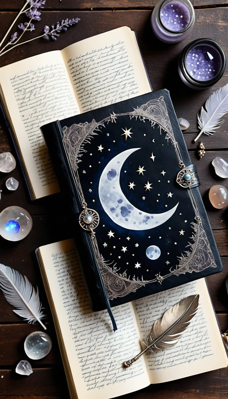 A black journal with a moon and stars design placed on open books with crystals and feathers.