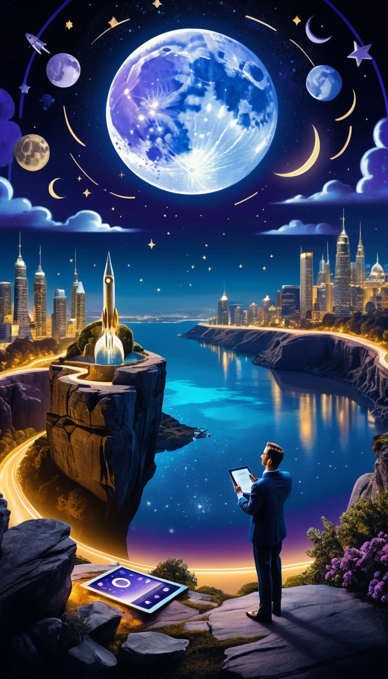 An illustration of a rocket on a cliff with a city skyline and moon in the background.