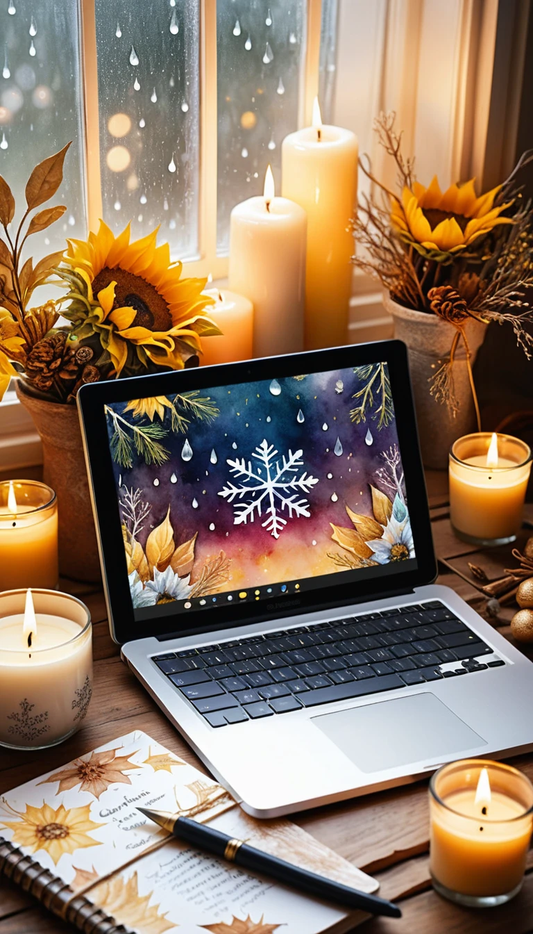 Laptop displaying a snowflake wallpaper surrounded by candles and sunflowers on a wooden table.