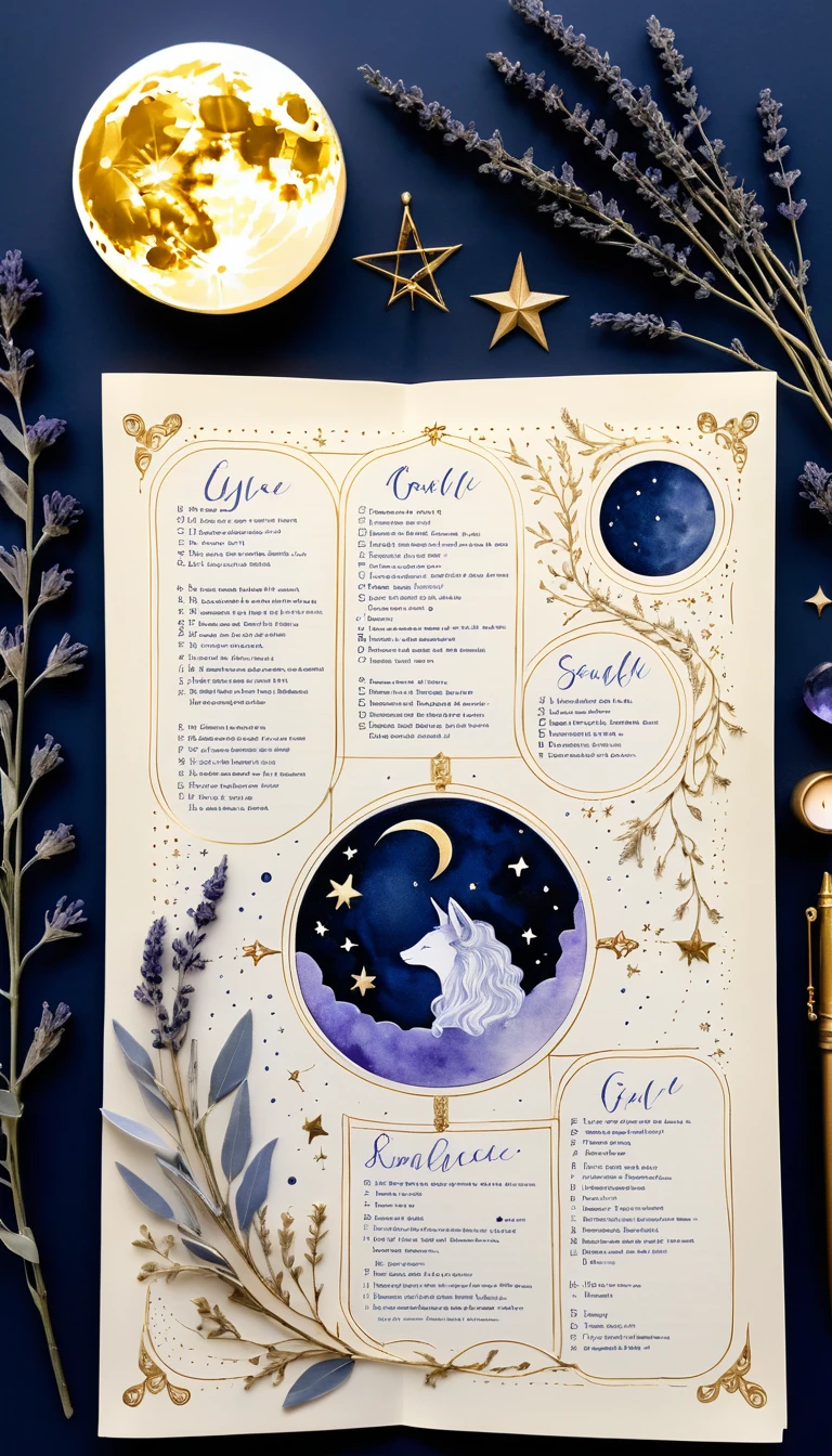 Astrology chart featuring a moon, stars, and a unicorn surrounded by decorative elements and lavender.