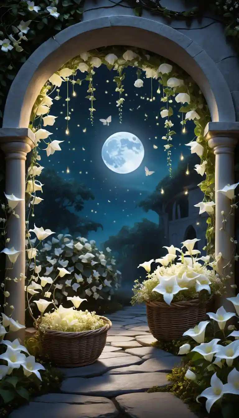 A moonlit garden pathway framed by white flowers and greenery under a night sky.