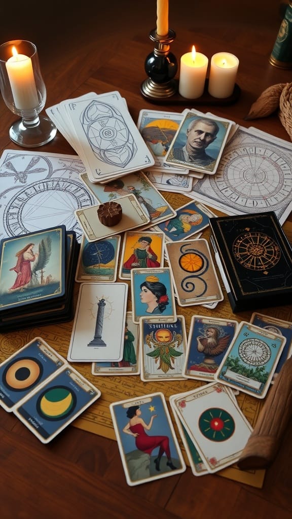 A collection of tarot and oracle cards displayed on a wooden table with candles and charts.