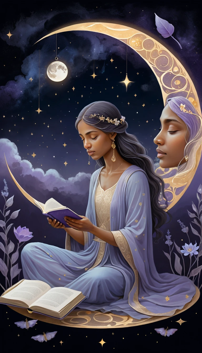 Illustration of a woman reading a book while sitting on a crescent moon with a starry background.