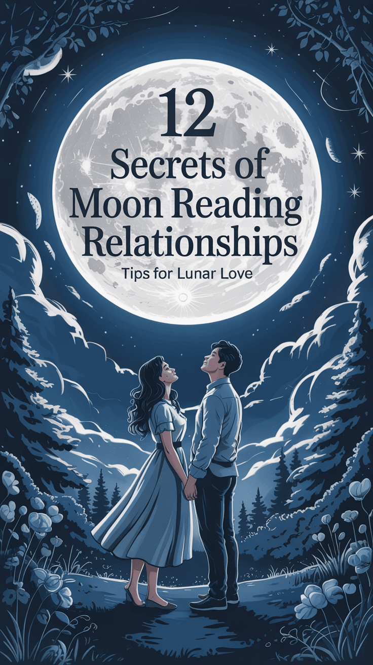 Illustration of a couple holding hands under a full moon with trees and flowers around them.