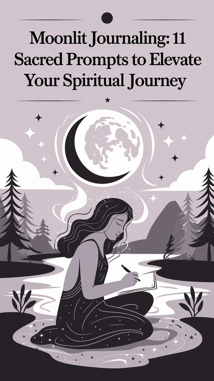 Illustration of a woman journaling under a moonlit sky with trees and mountains in the background.