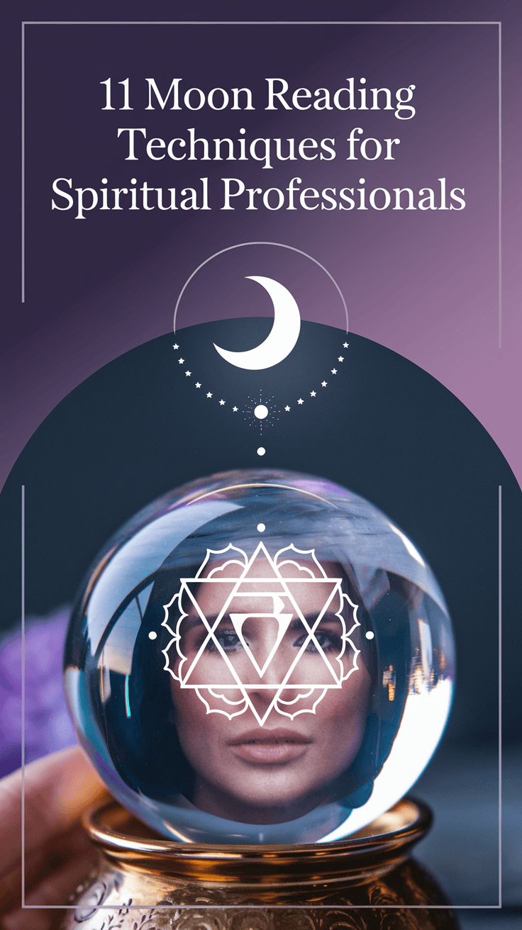 A crystal ball with a reflection of a person and moon symbols above it, related to moon reading techniques.