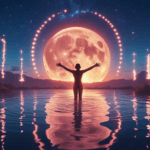 Silhouette of a person standing in water with arms raised, illuminated by a large full moon in the background.
