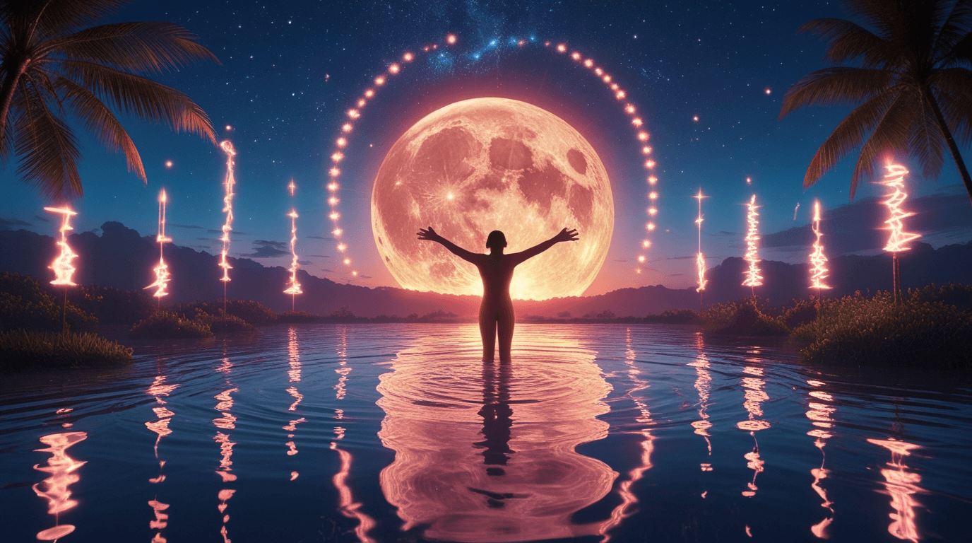 Silhouette of a person standing in water with arms raised, illuminated by a large full moon in the background.