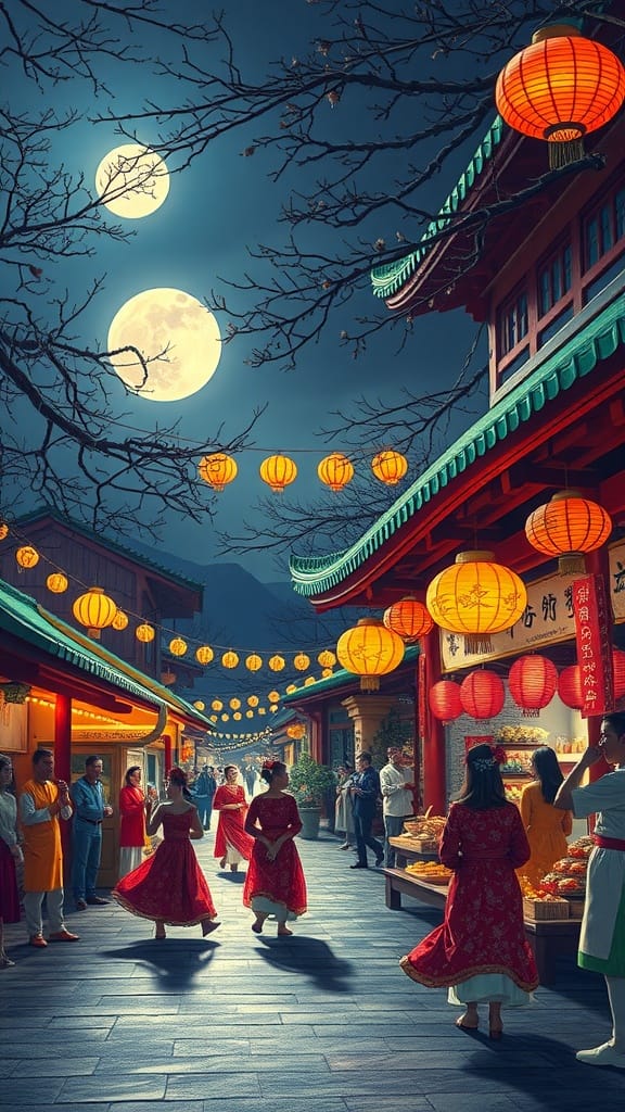 Scene depicting a lunar festival celebration with red lanterns and traditional dancers in a vibrant street setting.