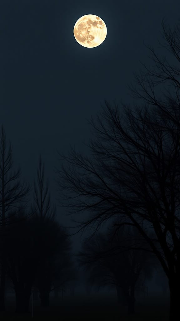 A bright full moon illuminating a dark sky above silhouetted bare trees at night.