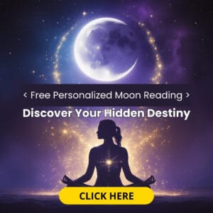 Graphic featuring a silhouette of a person meditating with a large moon in the background and cosmic elements.