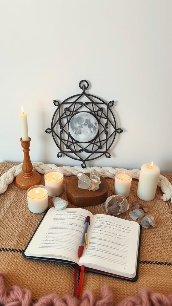 A collection of candles, crystals, and an open notebook arranged for a new moon reading ritual.
