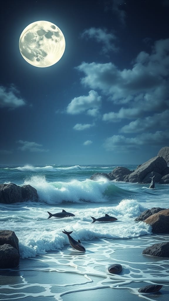 Dolphins swimming in ocean waves illuminated by a full moon in a night sky with clouds.
