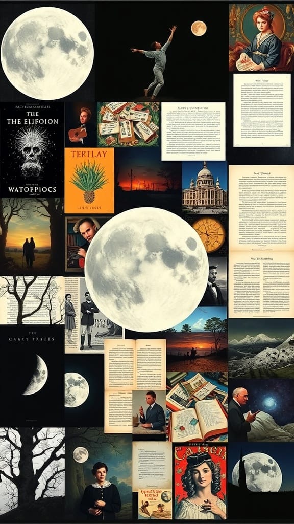 Collage of various artworks and texts featuring the moon in literature and art.