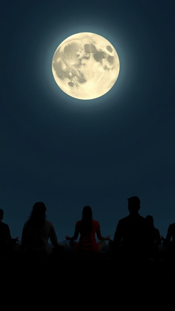 Silhouettes of individuals meditating under a bright full moon in a night sky.