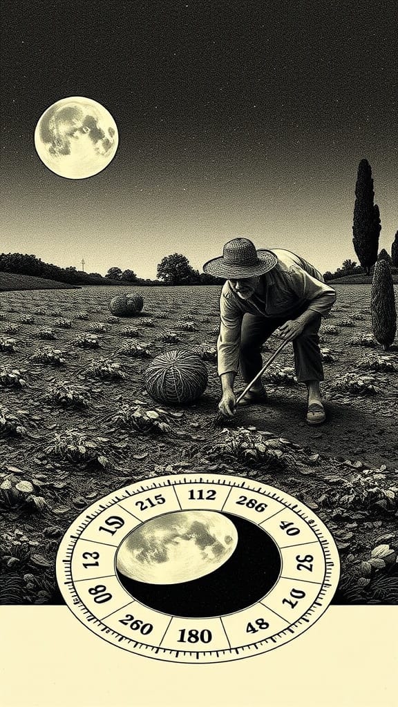 A farmer measuring melons in a field at night with a full moon in the sky.