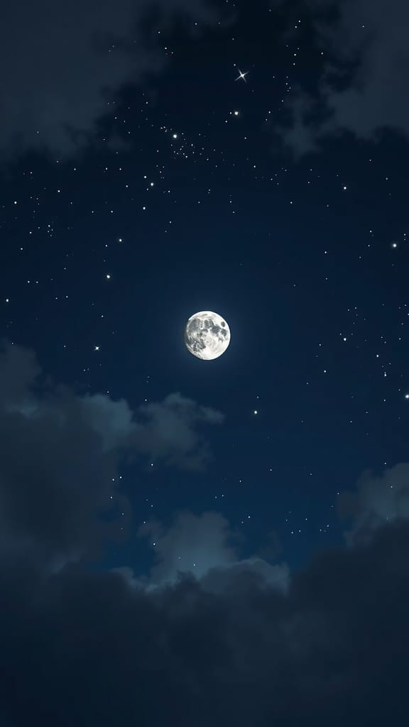 Bright full moon surrounded by stars in a dark night sky with clouds.