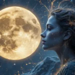 Silhouette meditating under a glowing full moon as cosmic chains around them crack and dissolve.