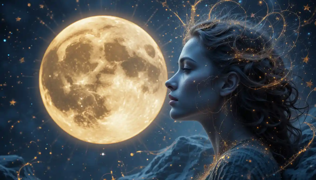 Silhouette meditating under a glowing full moon as cosmic chains around them crack and dissolve.