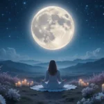 Woman meditating under a glowing full moon with spiritual lunar symbols and calming night scenery.