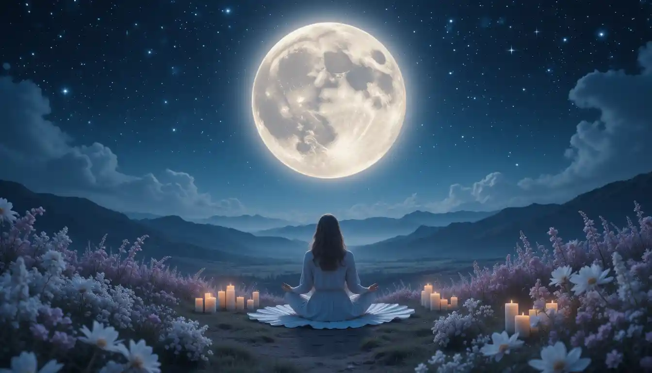 Woman meditating under a glowing full moon with spiritual lunar symbols and calming night scenery.