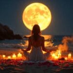 Sacred full moon ritual with candles, crystals, and a spiritual figure under a glowing night sky.