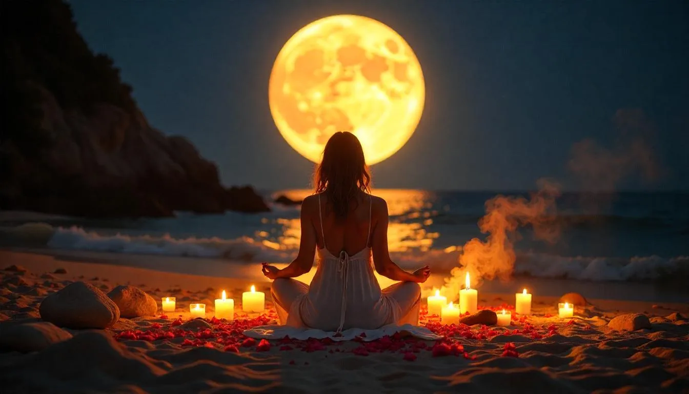 Sacred full moon ritual with candles, crystals, and a spiritual figure under a glowing night sky.