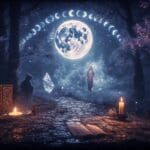 Cloaked figure walking a moonlit path with floating ritual items and moon phases arcing overhead in a misty, magical forest.