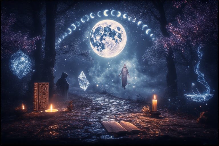 Cloaked figure walking a moonlit path with floating ritual items and moon phases arcing overhead in a misty, magical forest.