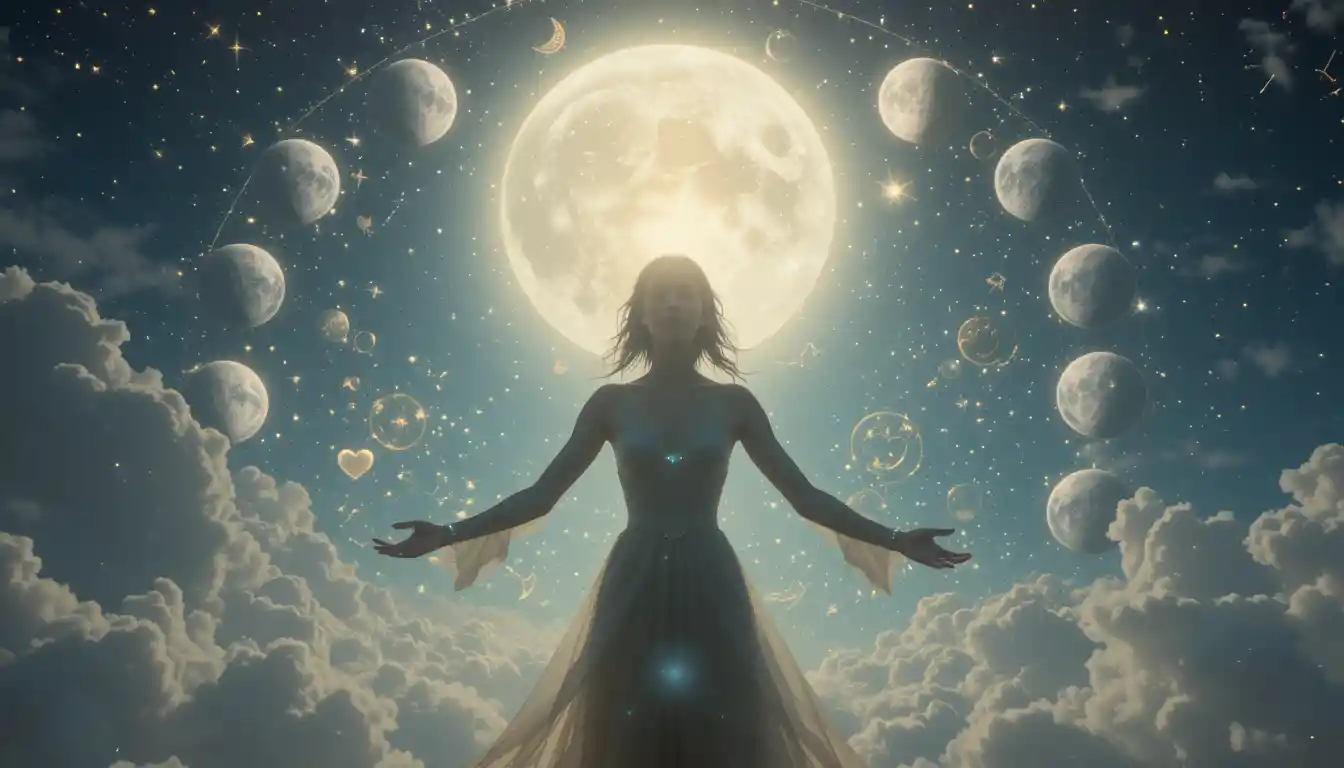 A woman under the moon phases manifesting abundance with celestial energy.