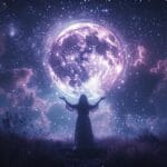 A mystical witch under a glowing full moon, surrounded by magical symbols and lunar energy.