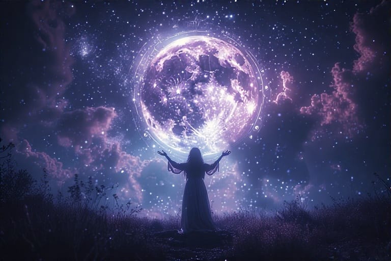 A mystical witch under a glowing full moon, surrounded by magical symbols and lunar energy.
