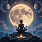 Silhouette of a meditating person under a glowing full moon and its phases, surrounded by cosmic swirls and symbols of intention.