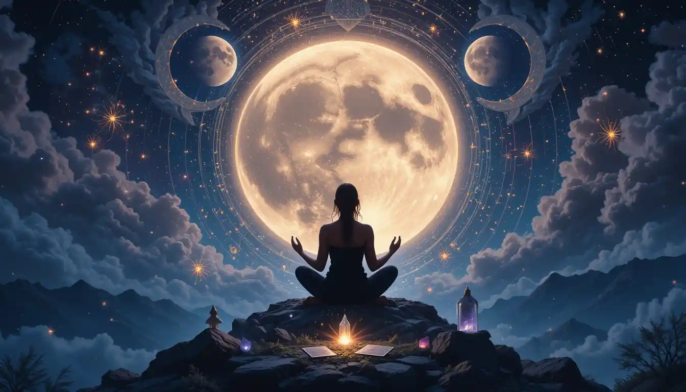 Silhouette of a meditating person under a glowing full moon and its phases, surrounded by cosmic swirls and symbols of intention.