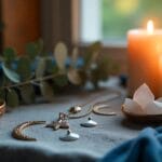 Moonlit spiritual altar with crescent charms, crystals, and candles.