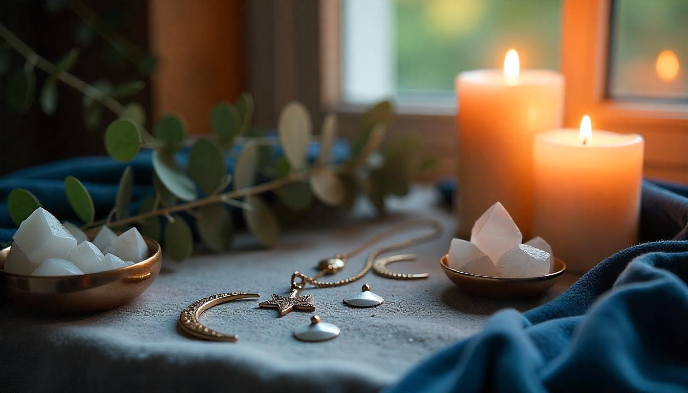 Moonlit spiritual altar with crescent charms, crystals, and candles.
