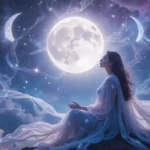 Ethereal portrait of a woman illuminated by the full moon with glowing moon-phase ribbons and a cosmic tapestry background