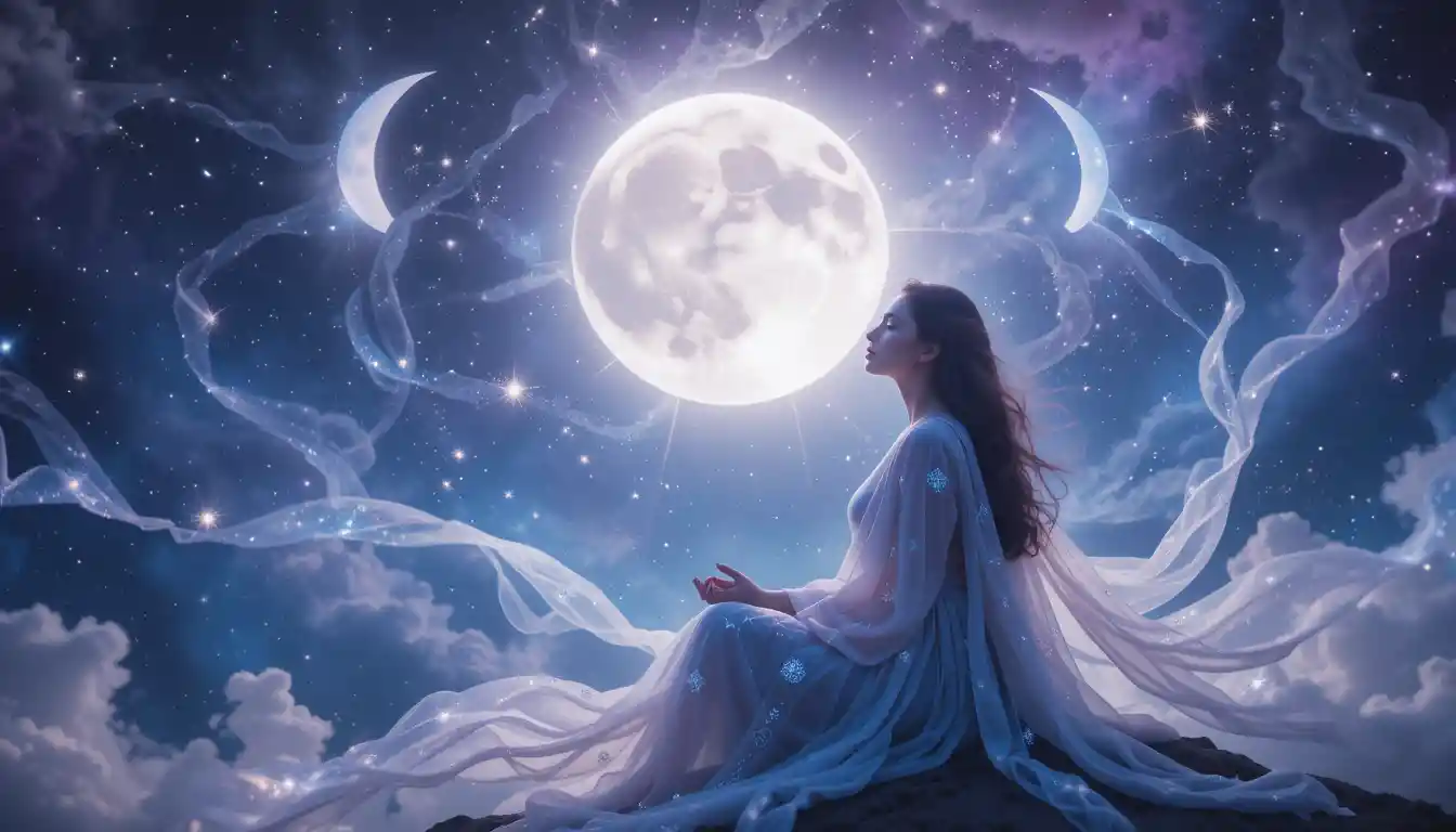 Ethereal portrait of a woman illuminated by the full moon with glowing moon-phase ribbons and a cosmic tapestry background