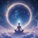 Mystical full moon with zodiac symbols and cosmic energy surrounding a meditative silhouette