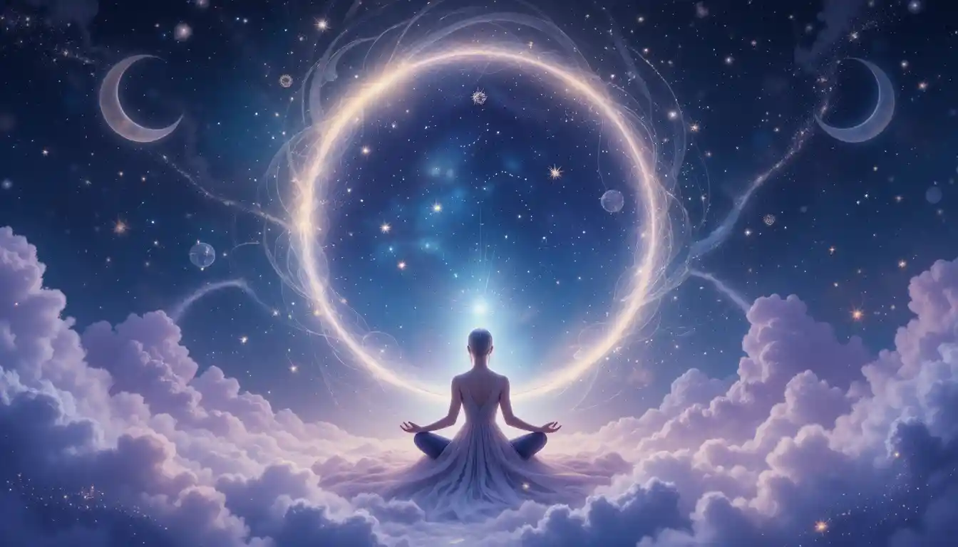 Mystical full moon with zodiac symbols and cosmic energy surrounding a meditative silhouette