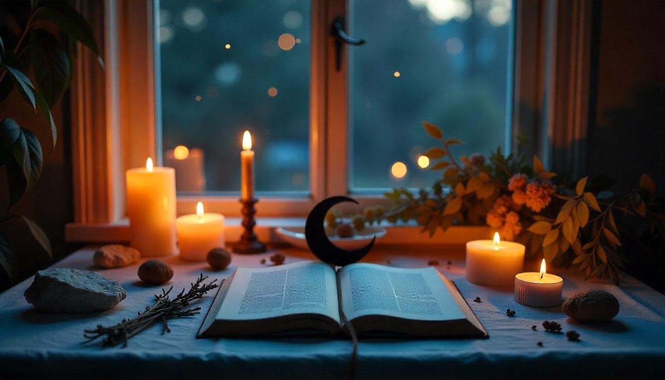A dreamy home moon altar with crystals, candles, herbs, and celestial decor bathed in soft moonlight.