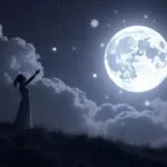 A mystical moonlit night with a figure invoking lunar energy beneath a glowing full moon.