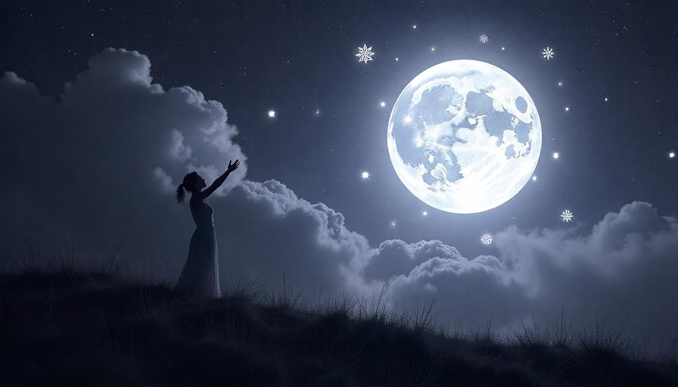 A mystical moonlit night with a figure invoking lunar energy beneath a glowing full moon.