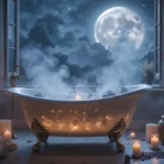 A glowing moonlit bath surrounded by crystals and candlelight, radiating peaceful, mystical energy.