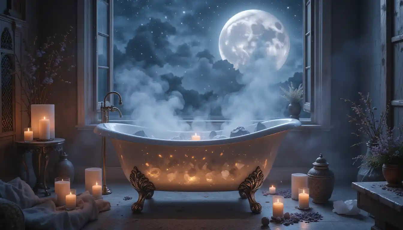A glowing moonlit bath surrounded by crystals and candlelight, radiating peaceful, mystical energy.