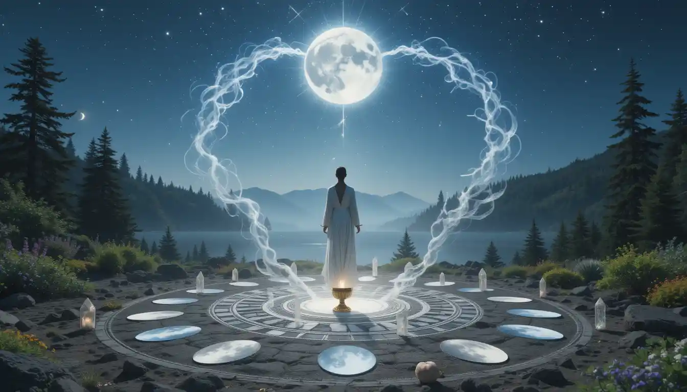 A robed figure stands in a moonlit circle of moon phases, surrounded by glowing crystals and cosmic energy.