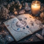 A mystical flat-lay of a moon magic journal with lunar phase illustrations, crystals, flowers, and candlelight.